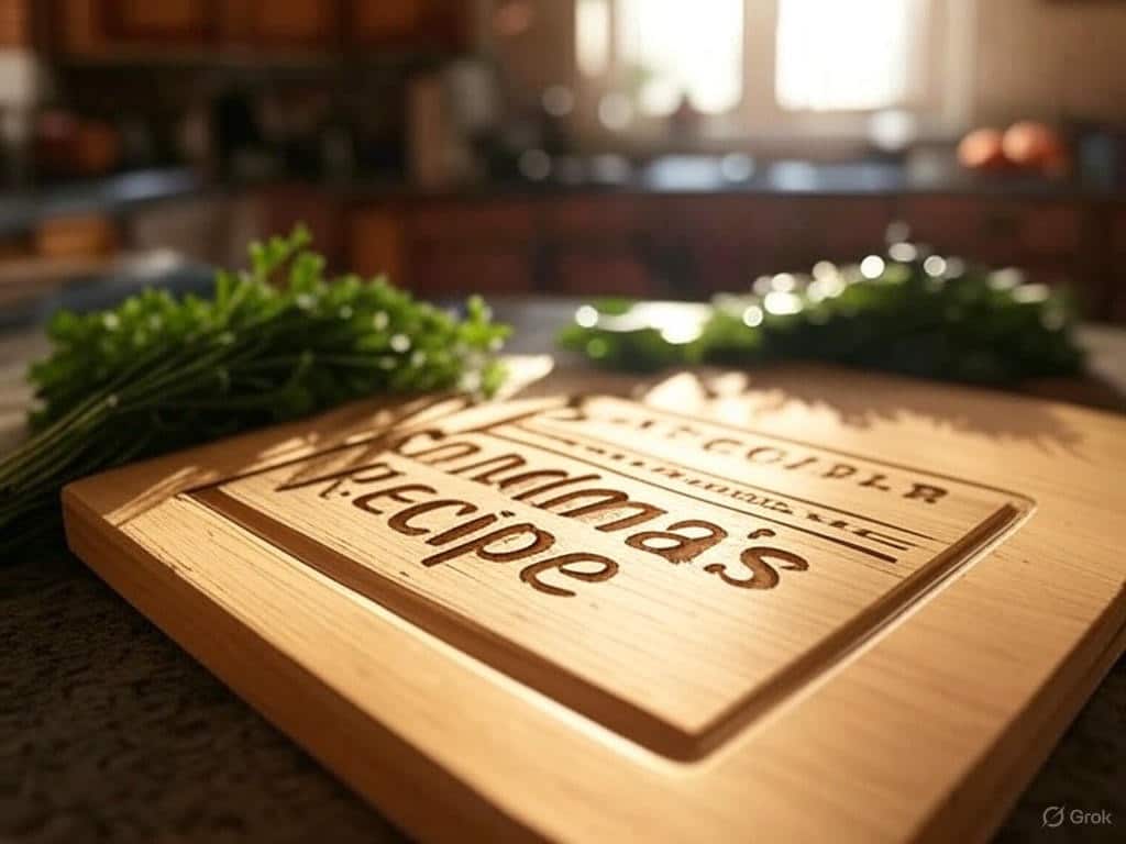 Grandmas's Favorite Recipe Cutting Board cozy kitchen with wooden cutting board, engraved recipe, fresh ingredients, warm lighting